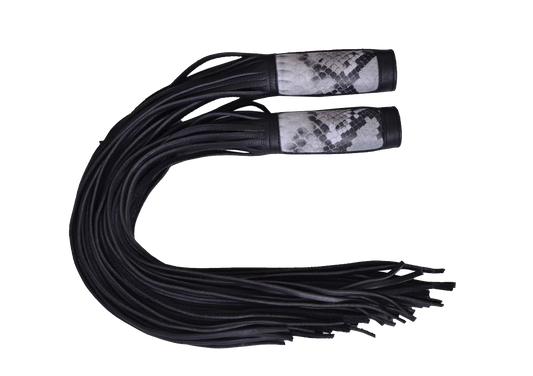 Black leather whip and grey accents