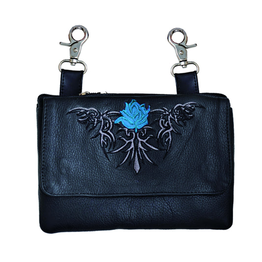 Black leather with blue rose design