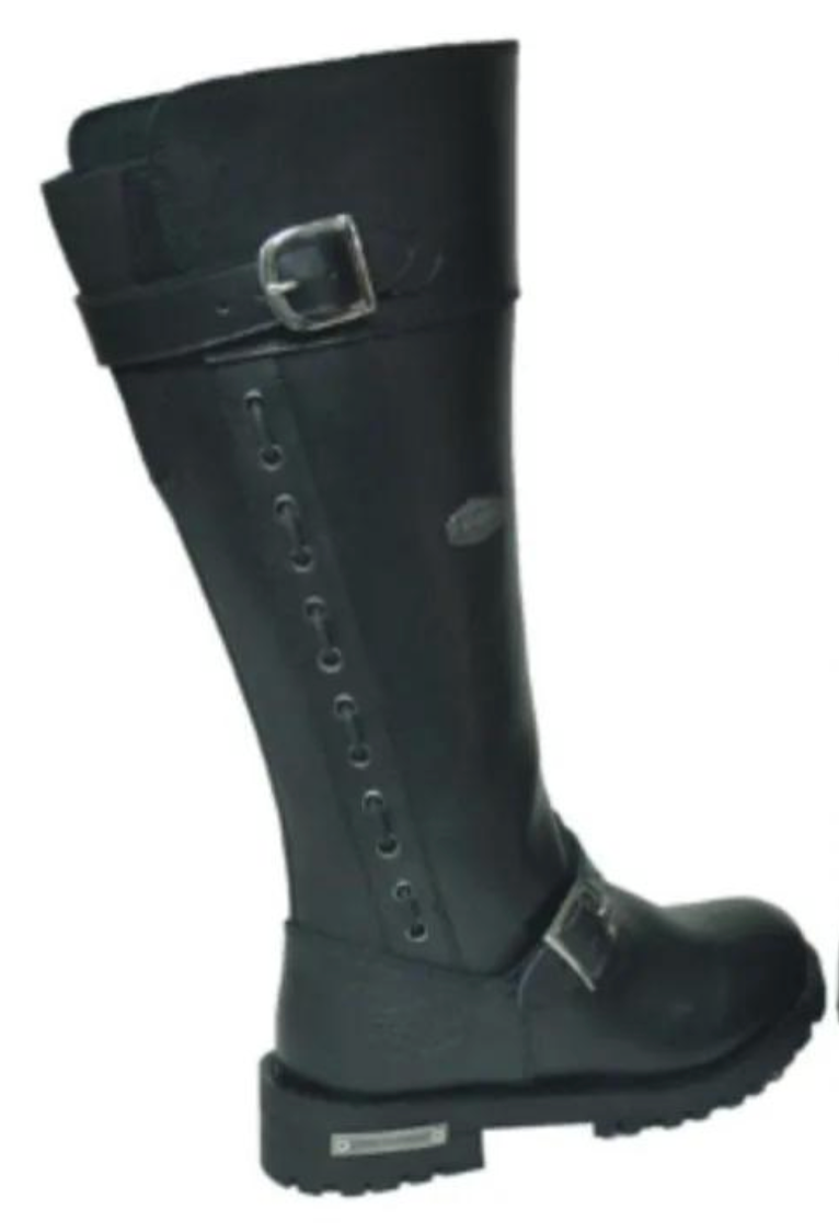 Black rubber boot with buckle and lace design