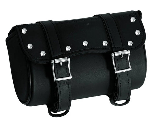 Black leather bag with silver studs and buckles