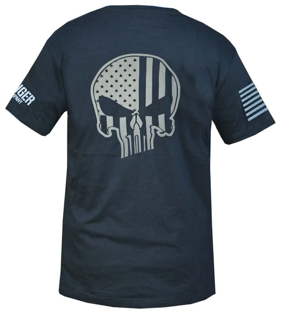 Black t-shirt with a skull and flag design