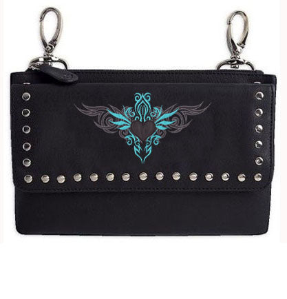 black with teal heart, wings and studs
