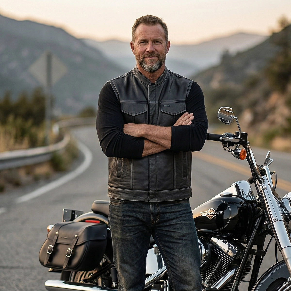 Road Warrior - Men's Premium Leather Motorcycle Vest (Gray)