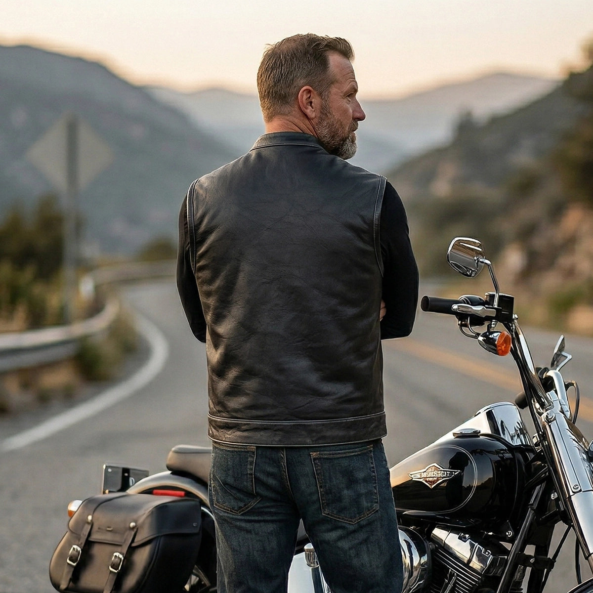 Road Warrior - Men's Premium Leather Motorcycle Vest (Gray)