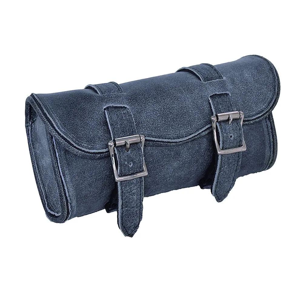 Blue leather roll bag with buckles 