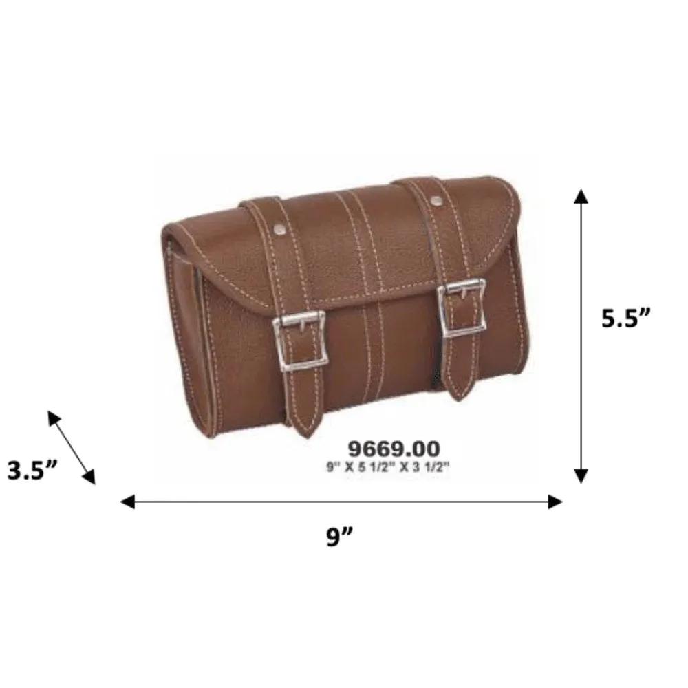 Brown leather bag with dimensions and buckles