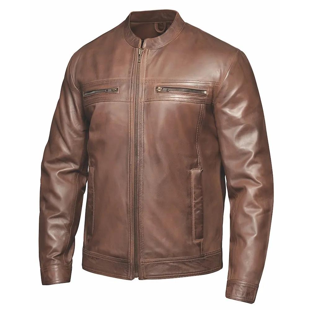 Brown leather jacket in tan color with zipper