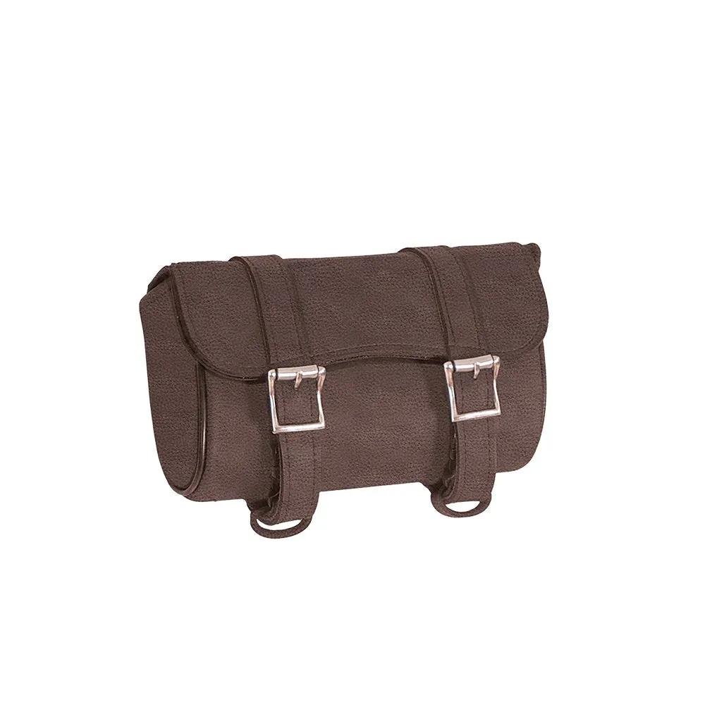 Brown leather satchel with silver buckle straps
