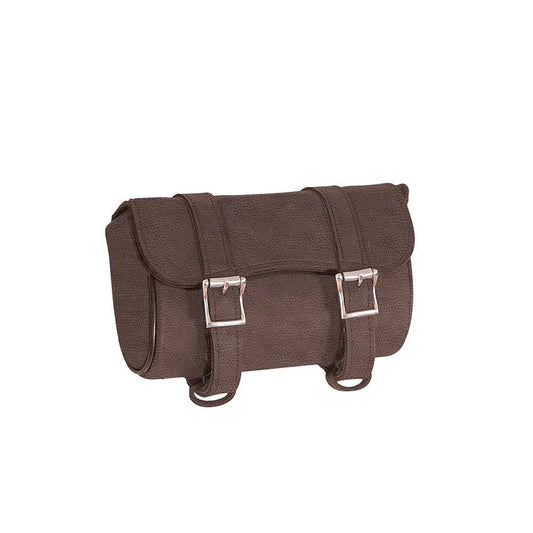 Brown leather satchel with silver buckle straps
