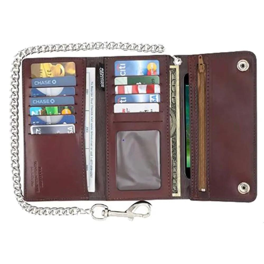 Brown leather wallet with chain strap, showing trifold
