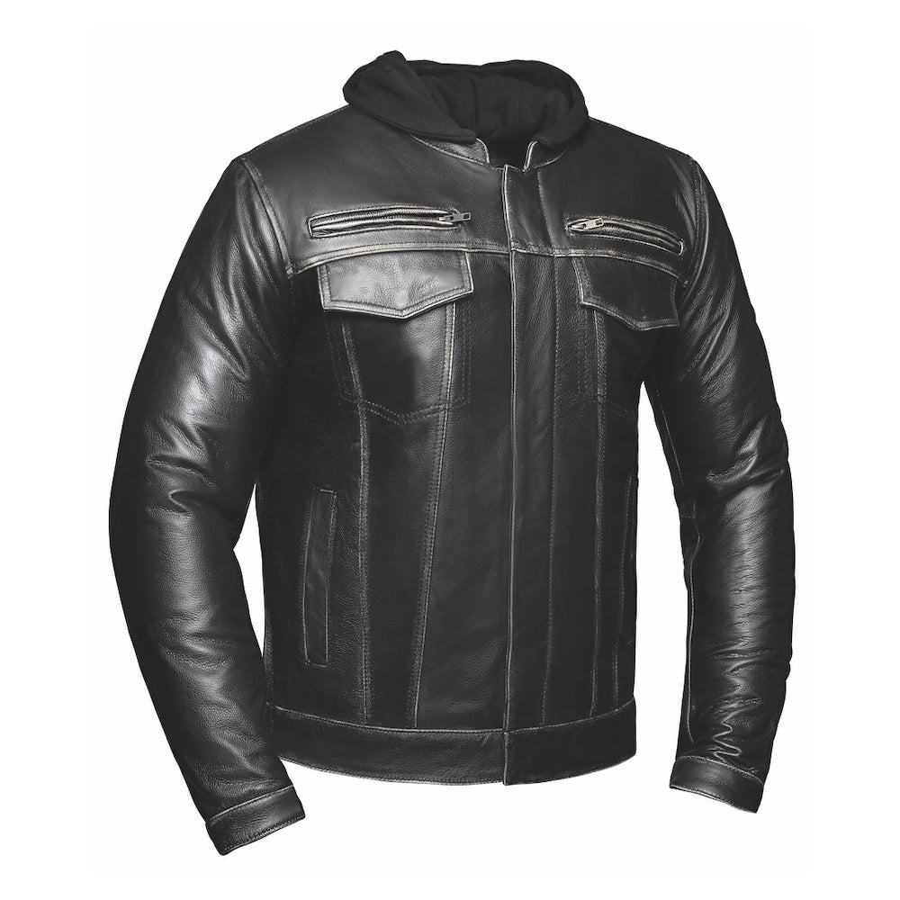 Crafted from durable cowhide leather in a distinctive distressed gray color, this jacket features a unique hoody design, advanced venting, and ample storage options, making it an essential choice for motorcycle enthusiasts and urban adventurers.