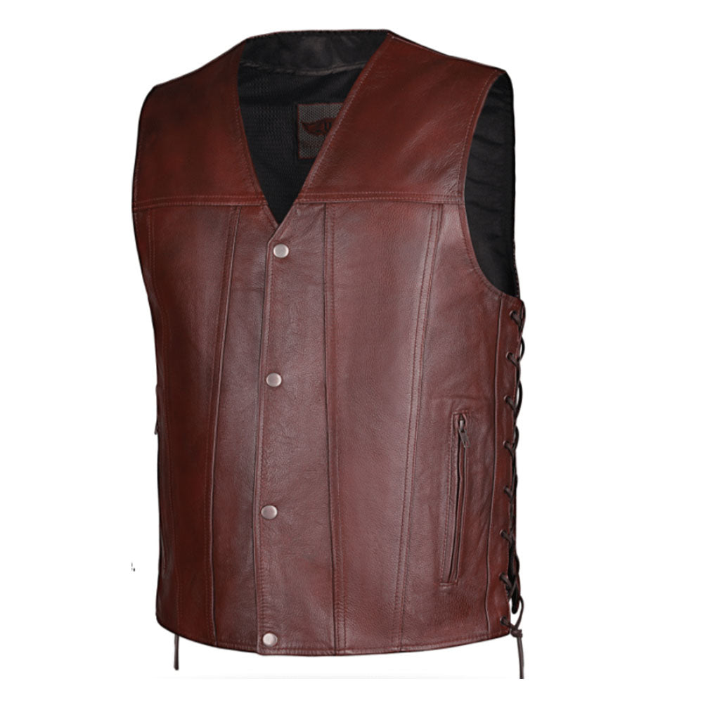  Crafted from cowhide leather and meticulously designed in Pakistan, this vest features a striking red color that makes a statement. Ideal for motorcycle enthusiasts and those with a taste for distinctive fashion, 