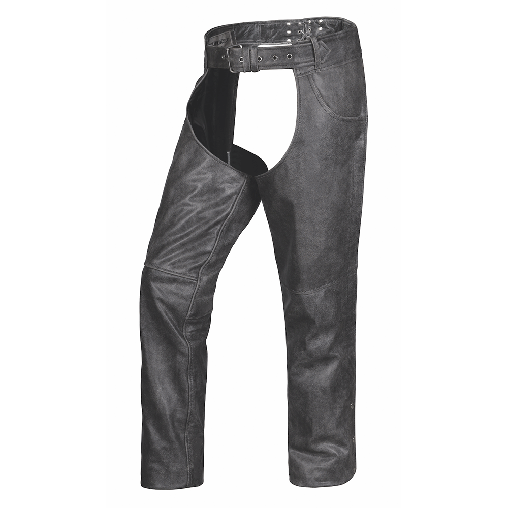 Unik Premium leather chaps designed for durability and style. With reinforced stitching, silver hardware, and an adjustable fi