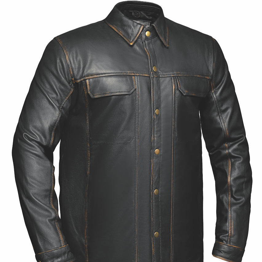 Crafted from goatskin leather in a rich brown hue, this shirt combines classic design with modern functionality, making it an essential piece for versatile styling.&nbsp;