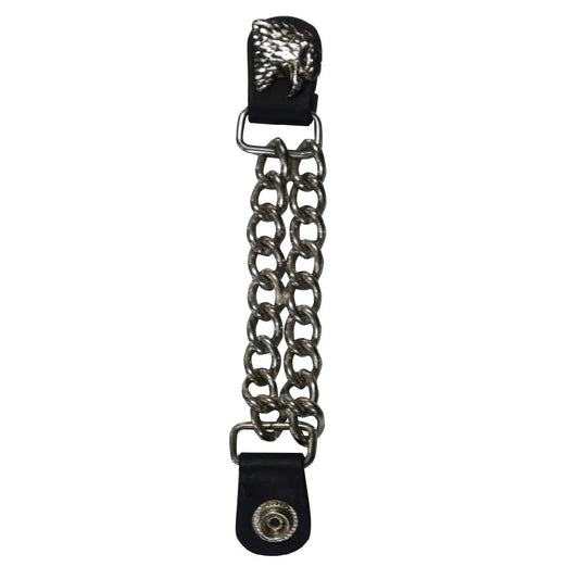Leather vest extender featuring a detailed chrome eagle emblem with sturdy snap closures for a secure fit