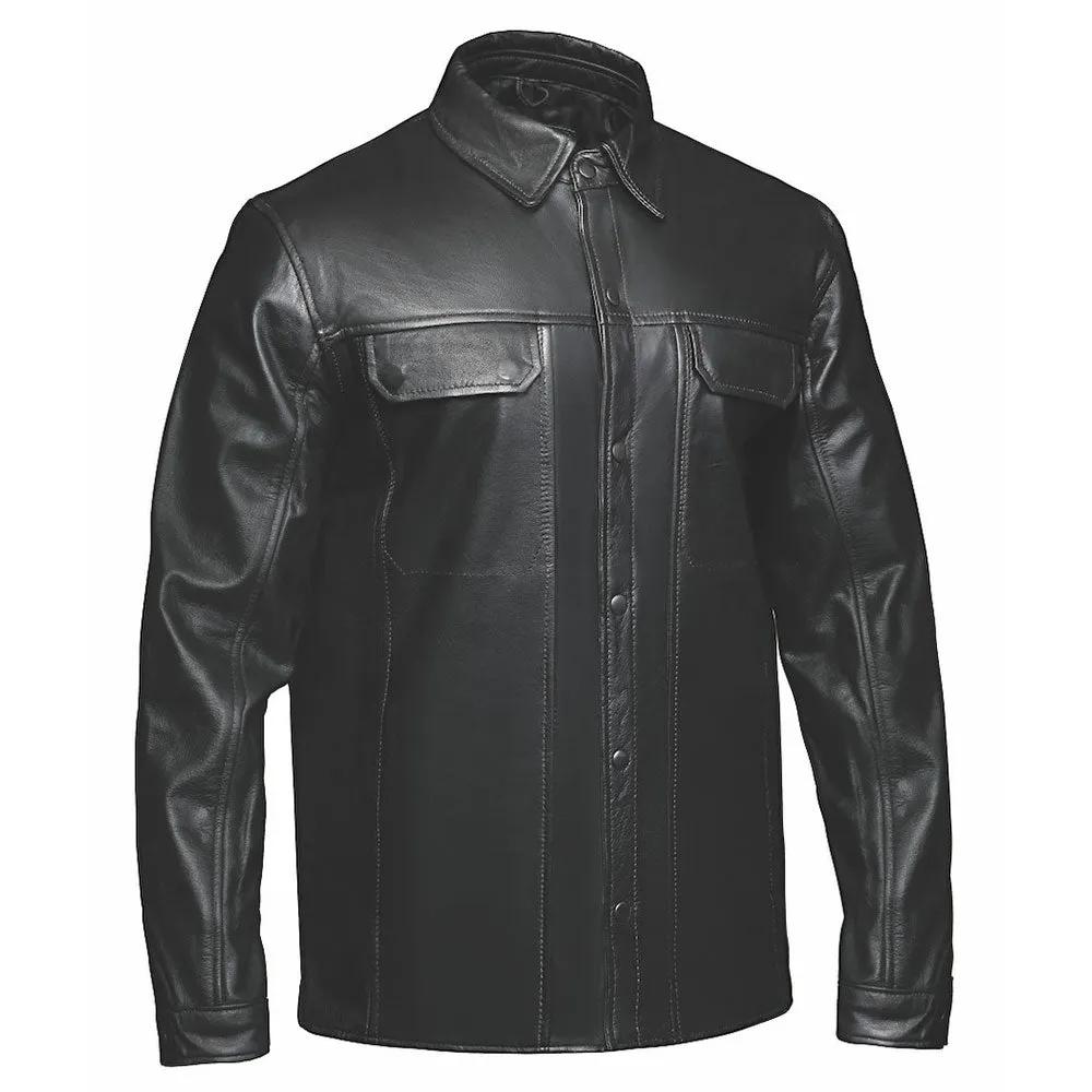  Men's Premium Lightweight Leather Shirt by Unik Lightweight Premium. Crafted from goatskin leather in a sleek black hue, this shirt combines modern design with functional elements, ideal for both casual and semi-formal occasions