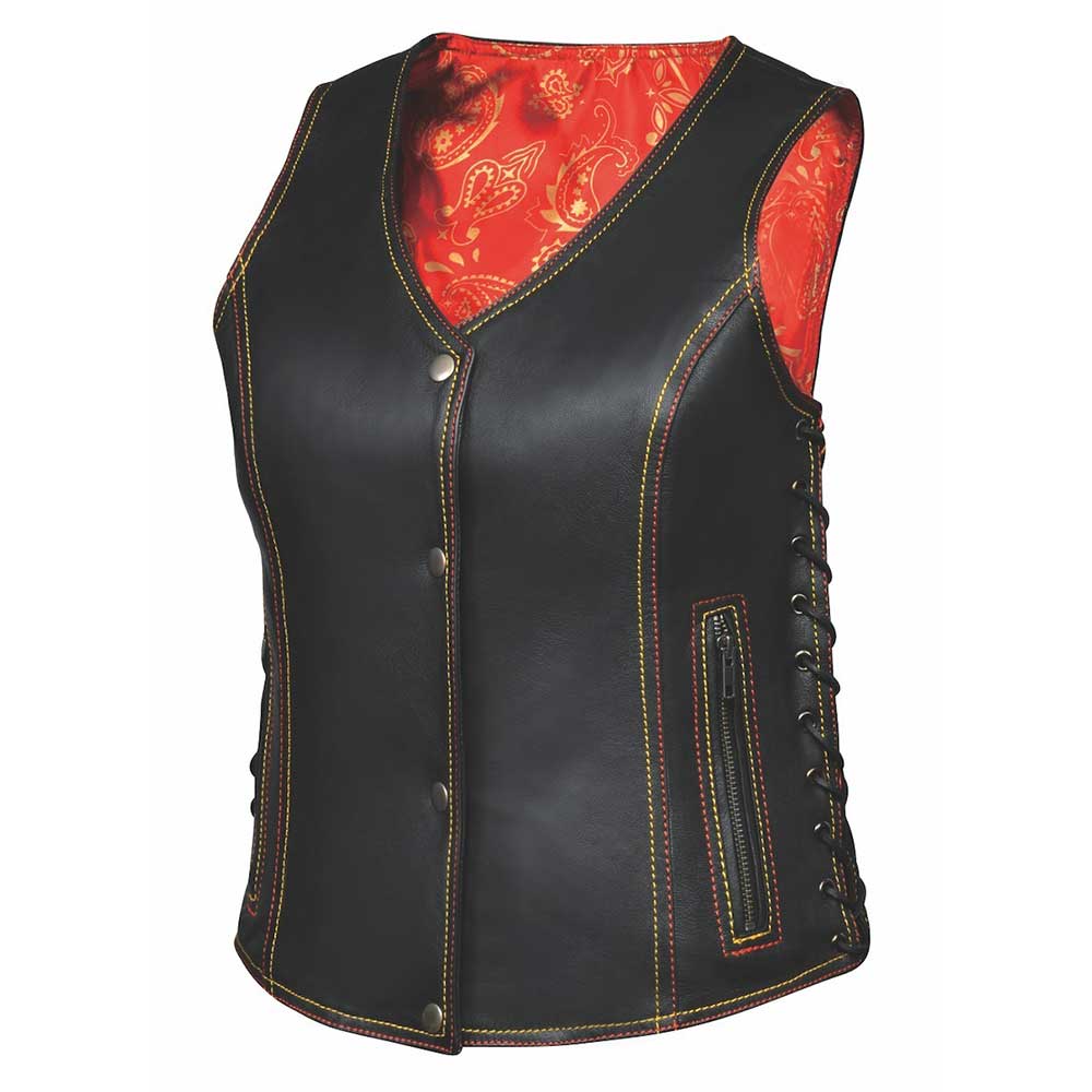  Unik Premium features a red and gold paisley liner, two exterior zippered pockets, two interior concealed carry pockets, a flattering fit with side laces, silver hardware, and is available in sizes XS to 5XL.