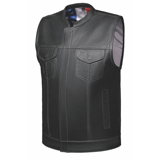  Made from cowhide leather with a USA flag liner, it includes four exterior pockets, two inside concealed carry pockets, a zip snap main closure, antique brass hardware