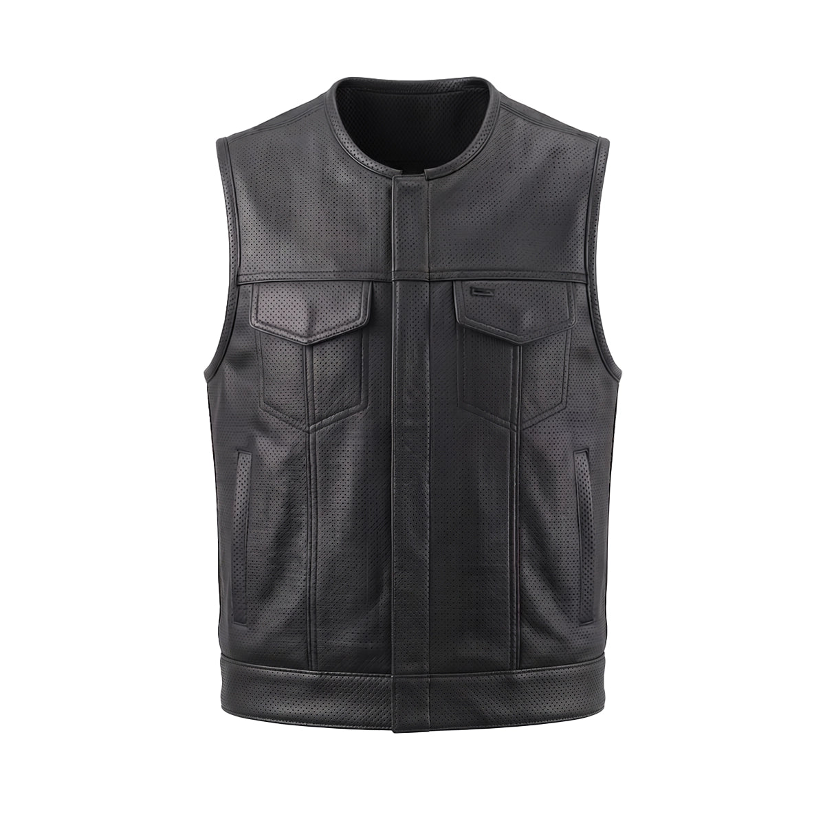 Mens Short Leather Perforated Club Vest - Black