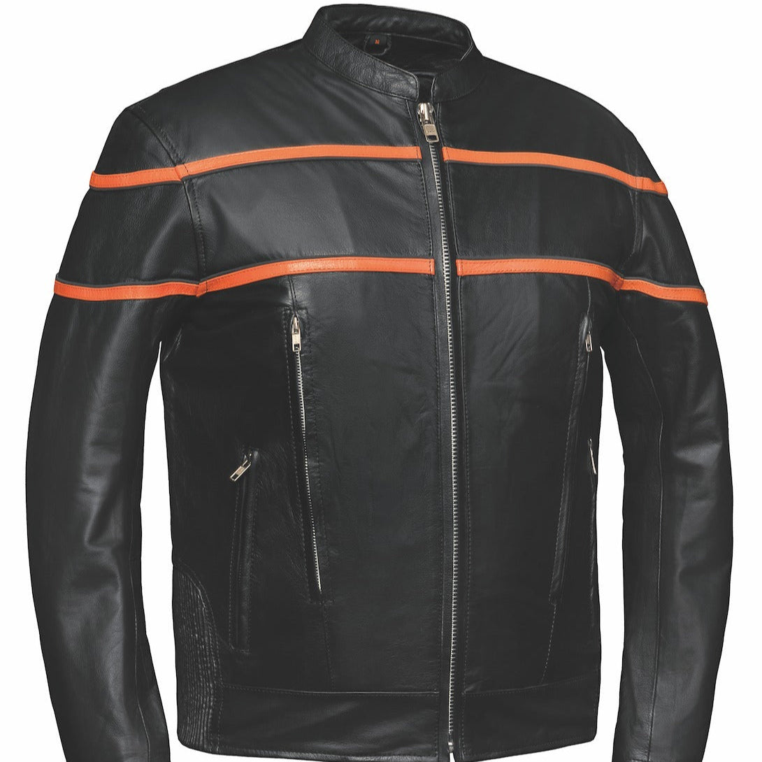 Crafted from luxurious cowhide leather and featuring a distinctive black and orange color scheme, this jacket blends classic design with modern functionality.
