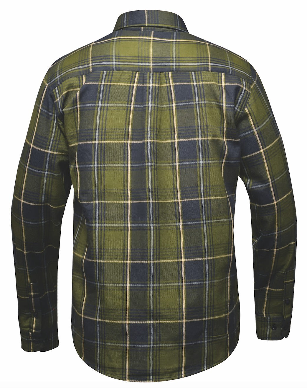 Green and black plaid shirt from back