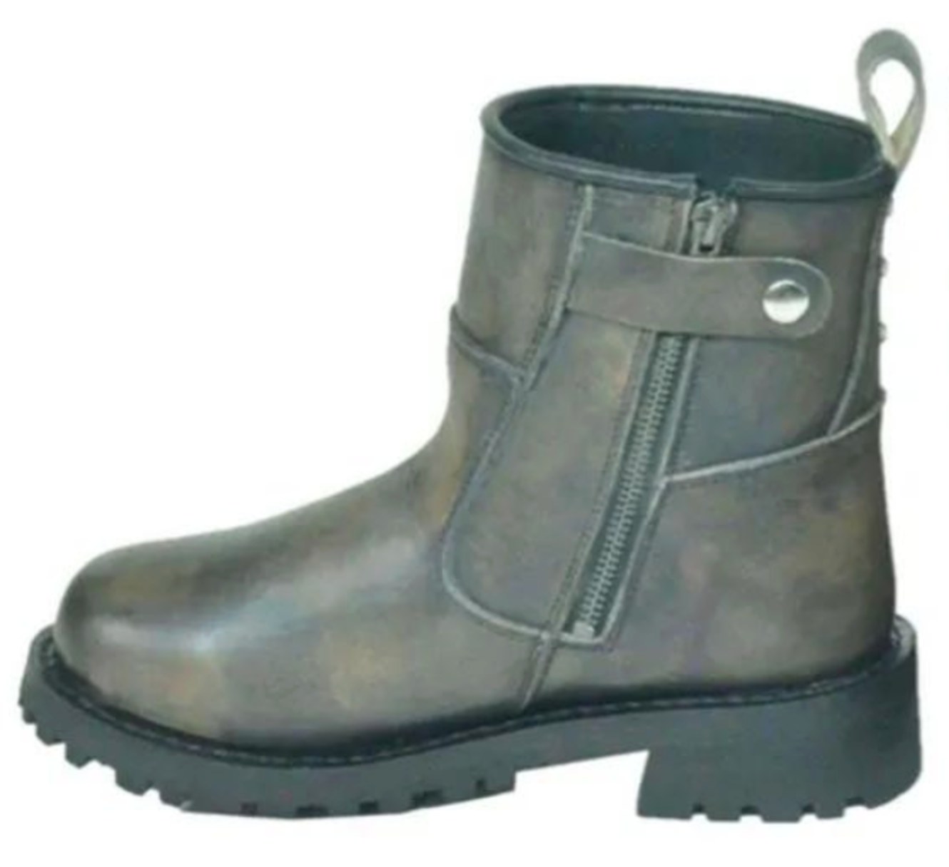 Gray leather boot with a zipper and button