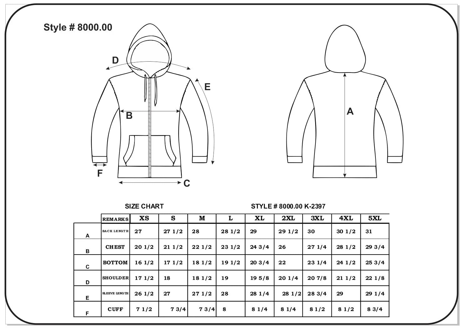 Hoodie design and size chart 