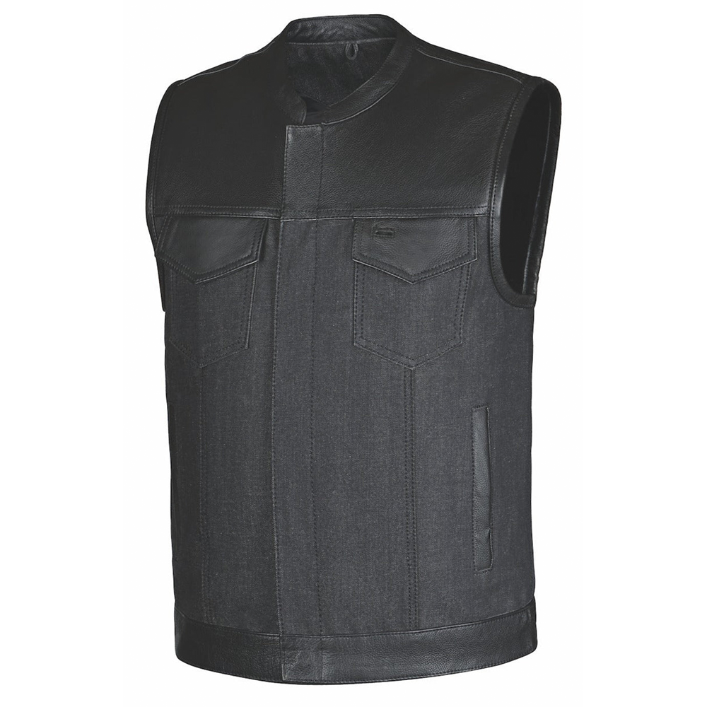 The Men's Denim / Leather Club Vest by Unik Denim offers a stylish fusion of cowhide leather and denim. 