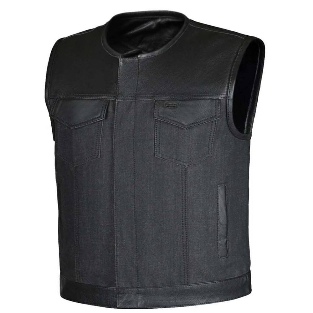 The Men's Denim / Leather Club Vest by Unik Denim offers a stylish fusion of cowhide leather and denim. Featuring four exterior pockets