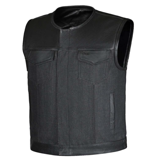 The Men's Denim / Leather Club Vest by Unik Denim offers a stylish fusion of cowhide leather and denim. Featuring four exterior pockets