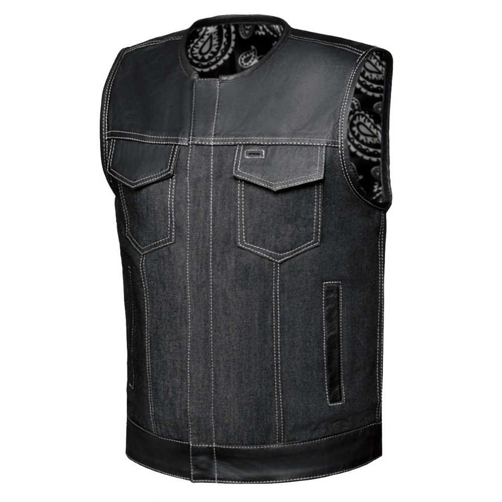 The Men's Denim / Leather Club Vest by Unik Denim offers a stylish fusion of cowhide leather and denim. Featuring four exterior pockets