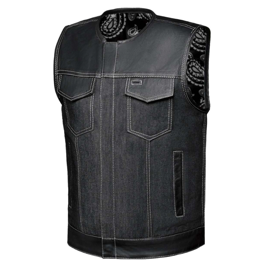 The Men's Denim / Leather Club Vest by Unik Denim offers a stylish fusion of cowhide leather and denim. Featuring four exterior pockets