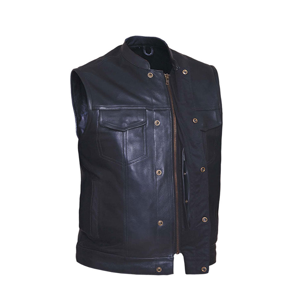The Men's Ultra SOA Style Club Vest by Unik Ultra blends iconic design with practical features. Made from cowhide leather, it includes four exterior pockets, two inside concealed carry pockets, a zip snap main closure, antique brass hardware