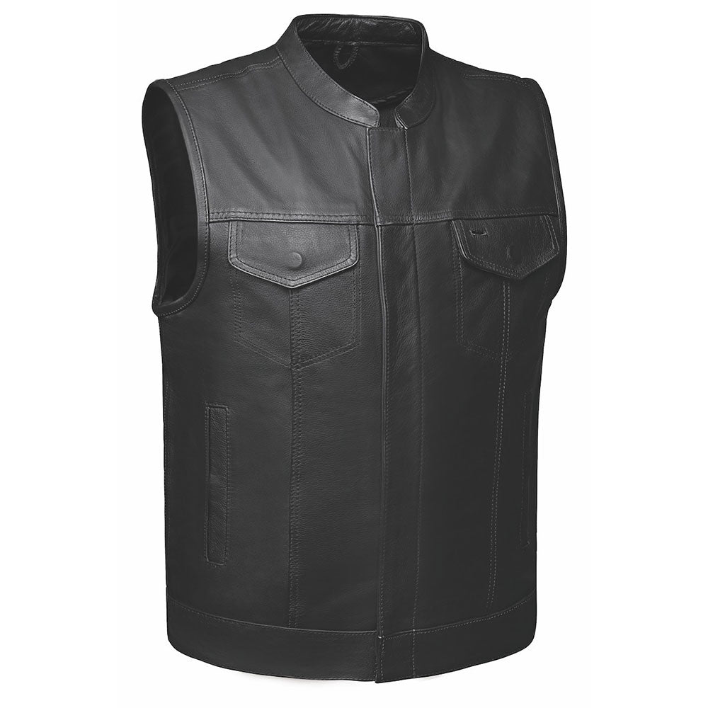 The Men's Ultra SOA Style Club Vest by Unik Ultra blends iconic design with practical features. Made from cowhide leather, it includes four exterior pockets, two inside concealed carry pockets, a zip snap main closure, antique brass hardware