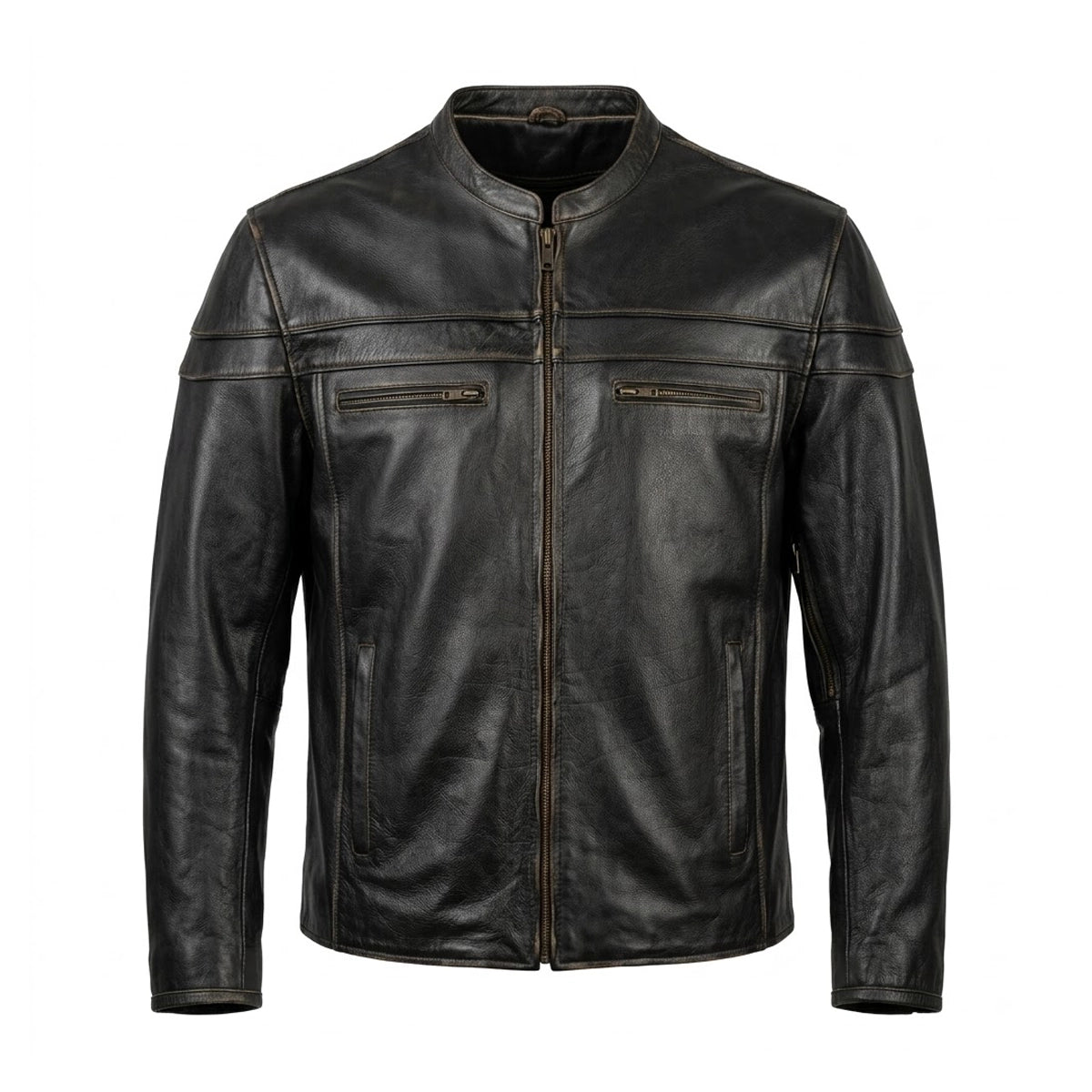 A black leather motorcycle jacket with a stand collar, front zipper, and zippered chest pockets, shown on a plain white background.