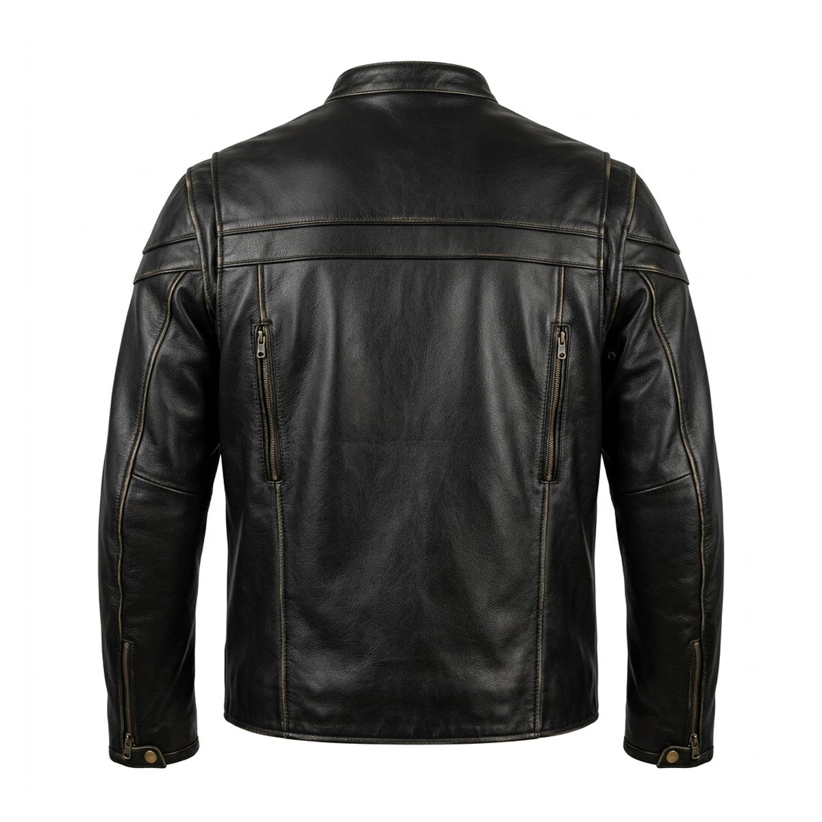 Black leather biker jacket shown from the back, featuring dual vertical zip pockets on the back and contrast stitching, photographed on a solid white background.