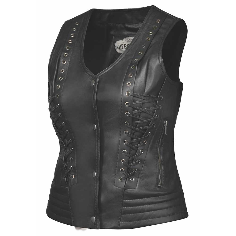 Designed by Derringer Leather, renowned for quality, this vest features antique brass hardware and a classic black color, making it a versatile addition to any wardrobe