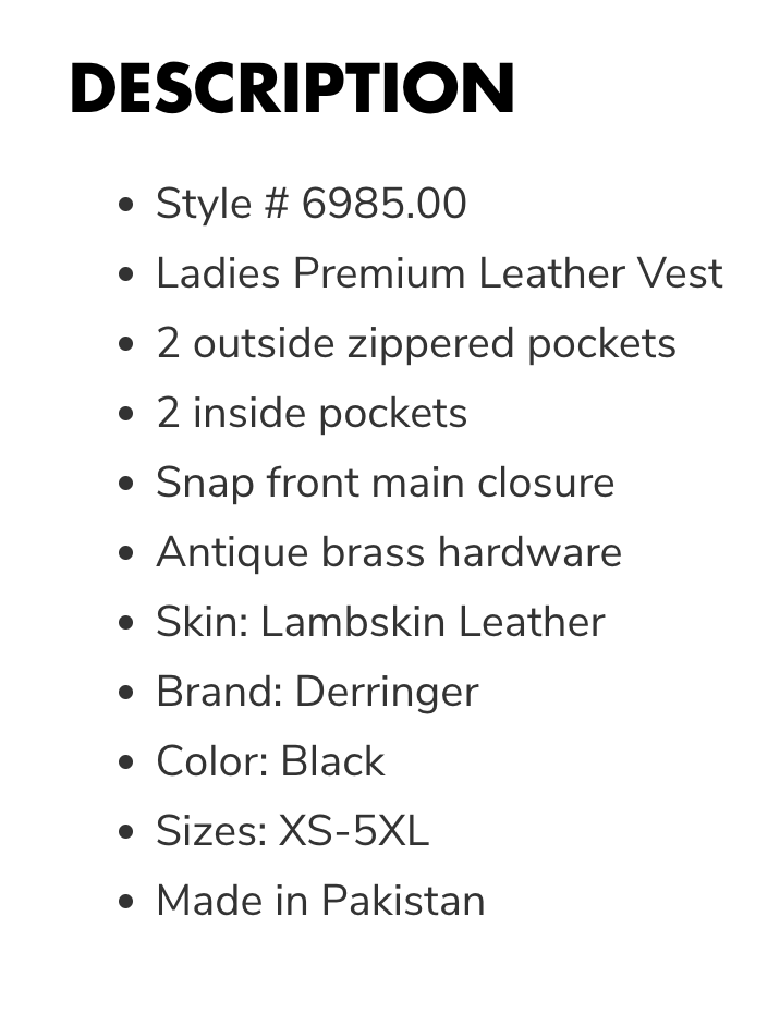 ladies premium leather vest description 