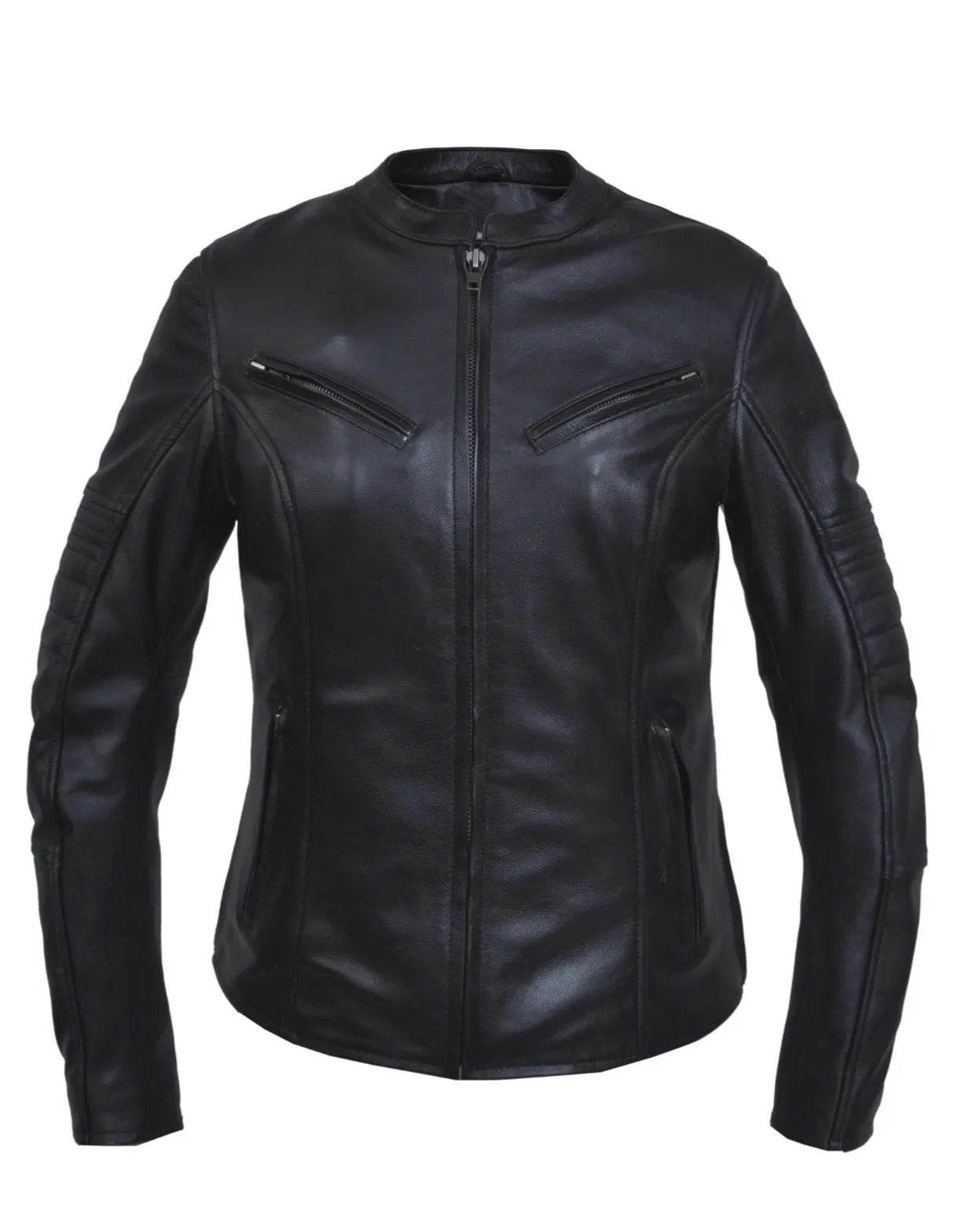 Ladies premium black leather jacket with a sleek fitted design, zippered front, and stylish detailing, perfect for motorcycle riding or casual wear.