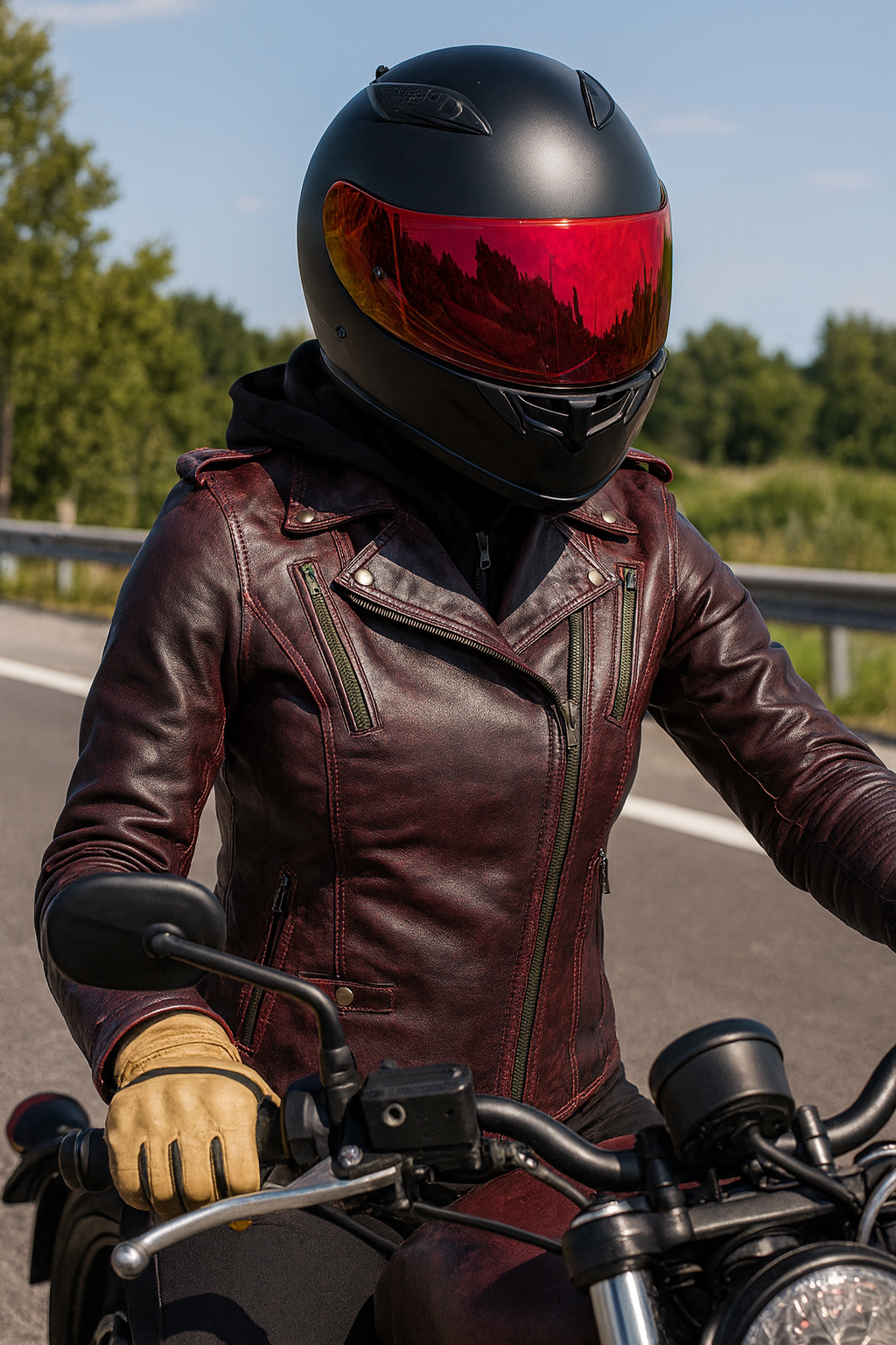rider in black helmet with red visor