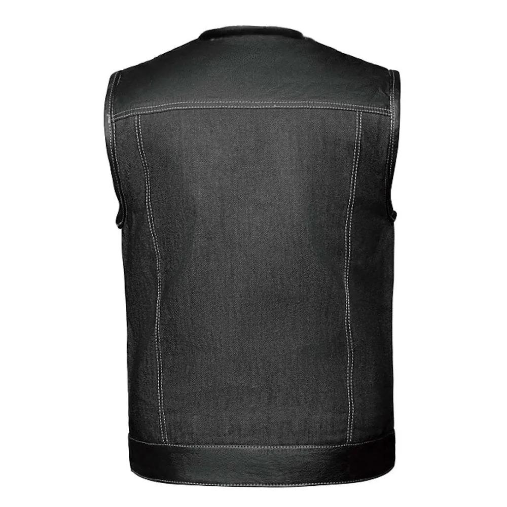 Men’s Lawless club vest featuring a black denim body with leather shoulders and trim, snap front closures, and side lacing for adjustable fit and classic biker style.