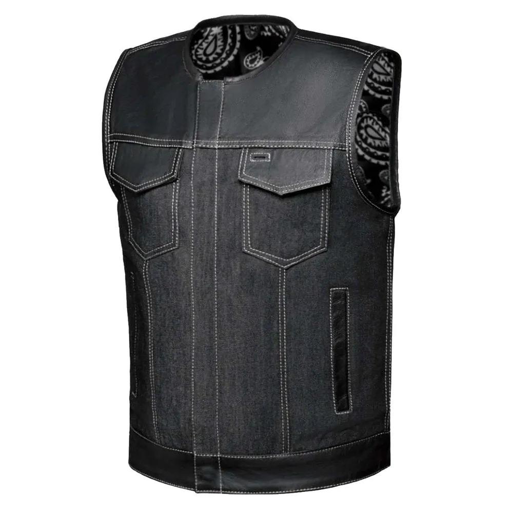 Men’s Lawless club vest featuring a black denim body with leather shoulders and trim, snap front closures, and side lacing for adjustable fit and classic biker style.