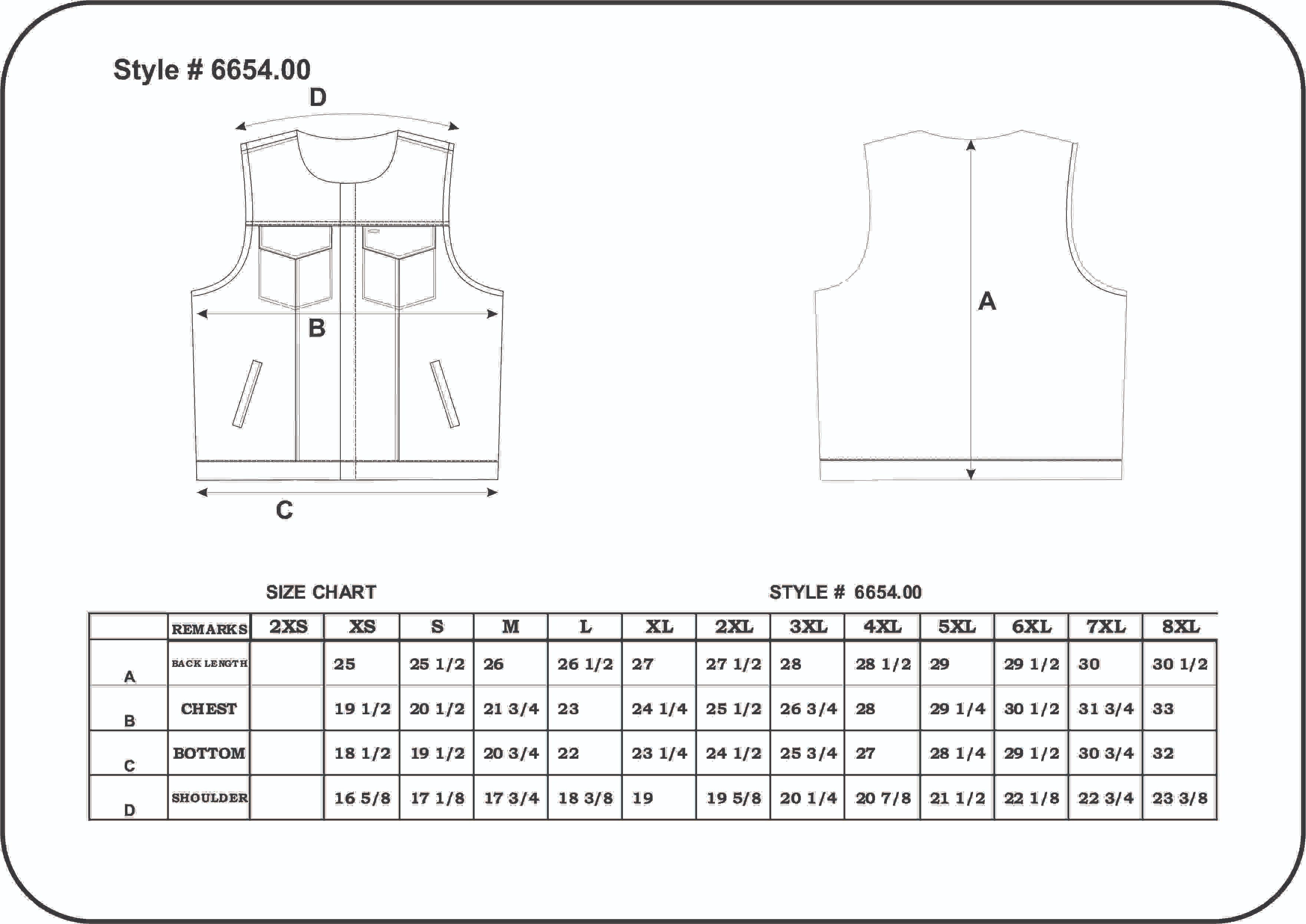 Technical drawing and size chart of a vest