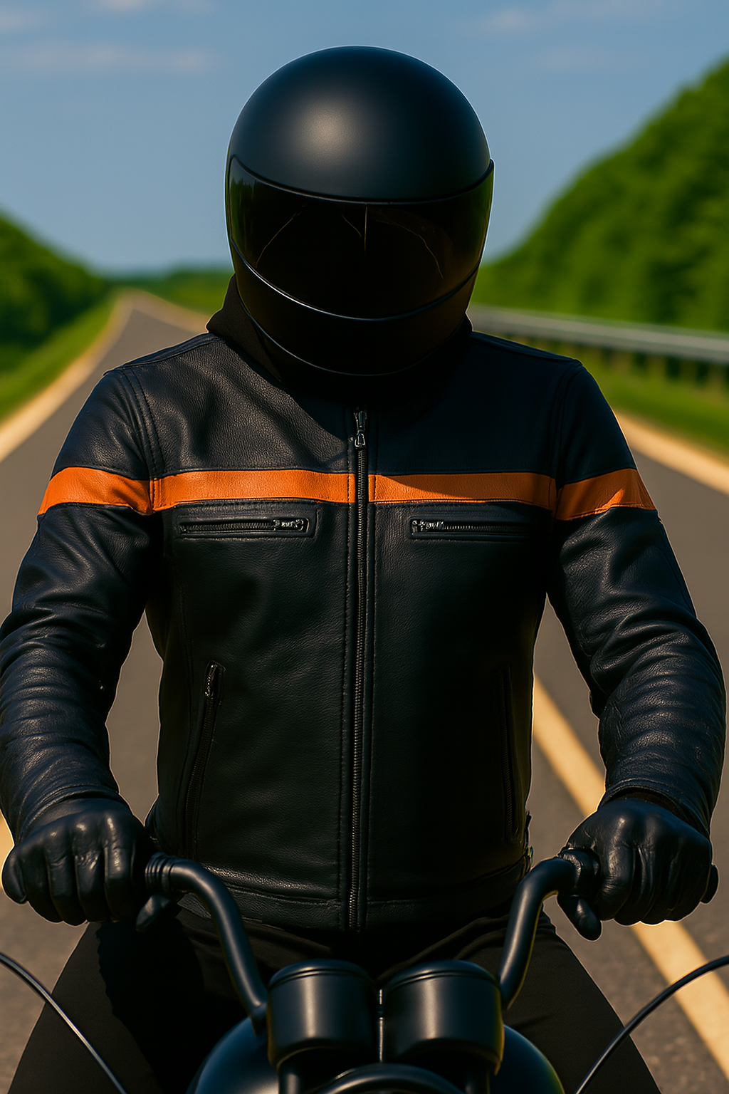 Motorcycle leather jacket with orange strap