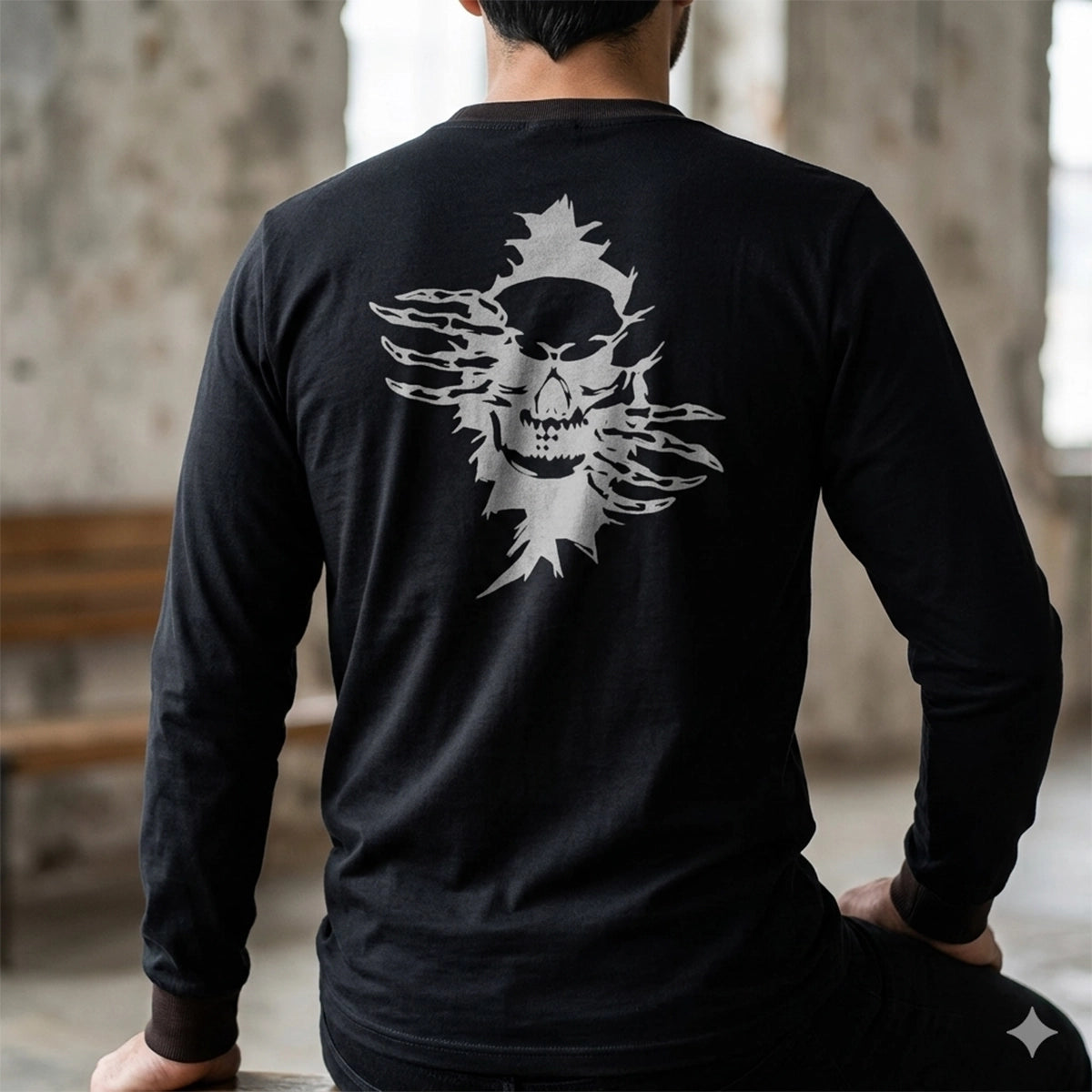 Men's Black Long Sleeve T-Shirt with Skull Graphic Print
