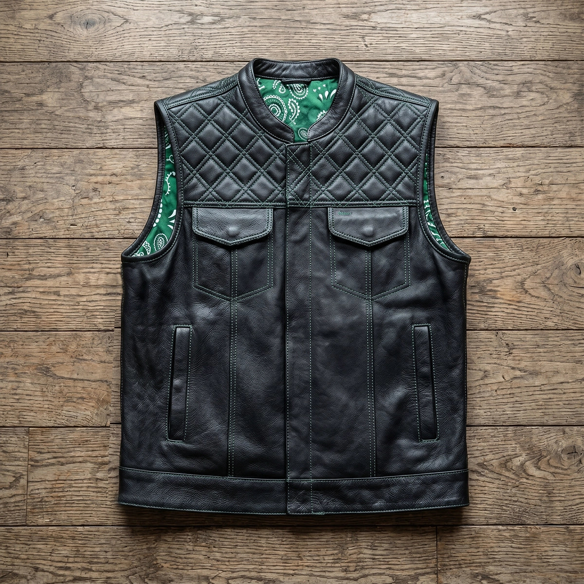 Green Diamond - Men's Club style Leather Motorcycle Vest