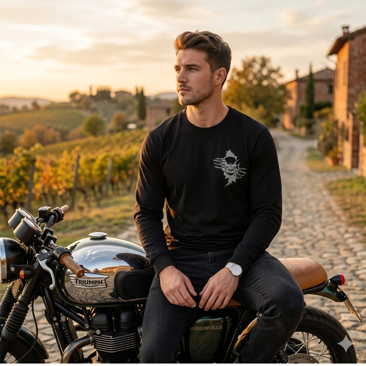 Men's Black Long Sleeve T-Shirt with Skull Graphic Print