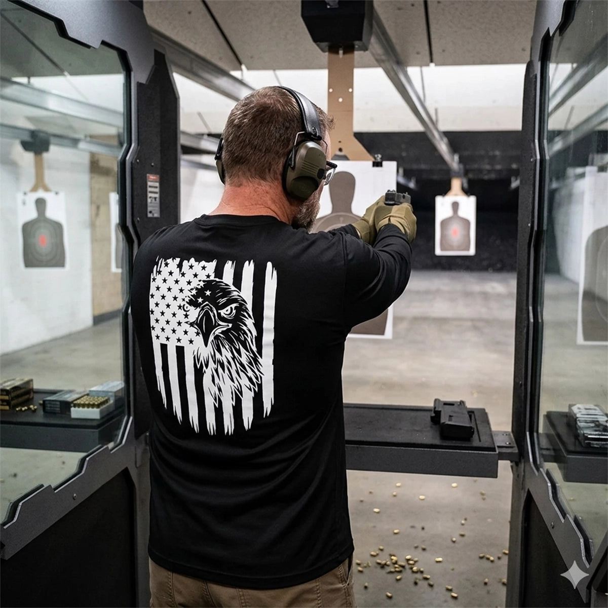 Men's Black Long Sleeve T-Shirt with American Eagle & Flag Print