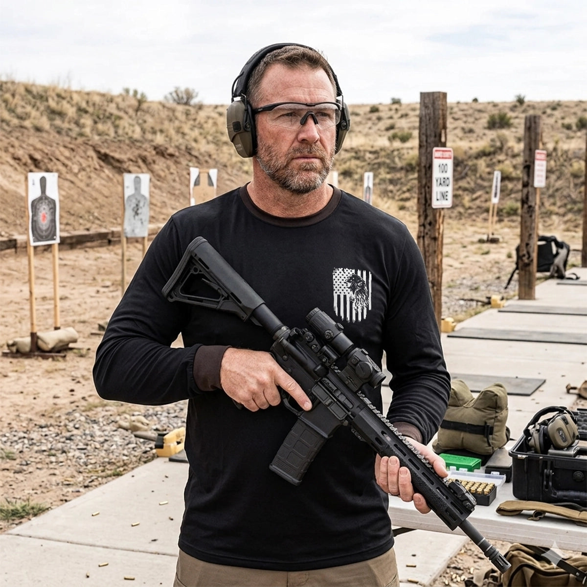Men's Black Long Sleeve T-Shirt with American Eagle & Flag Print
