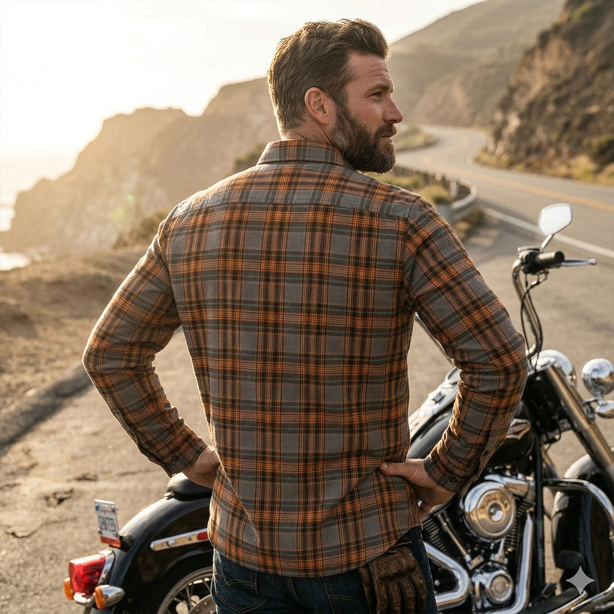 Gray and Orange Men's Motorcycle Flannel Shirt